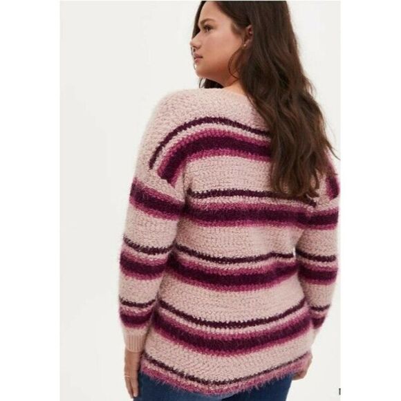 Torrid Womens Size 00 Medium Multi Stripe Sweater Drop Shoulder Fuzzy Pullover - Picture 5 of 7